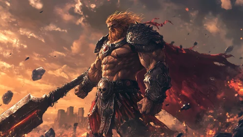 Armored barbarian warlord under apocalyptic burning sky