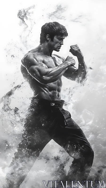 Martial artist emerging through splintered monochrome energy.