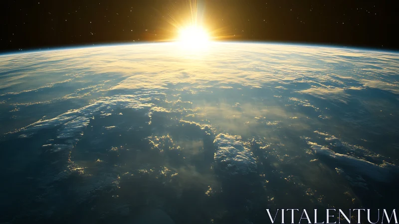 Sunrise cresting Earth&rsquo;s horizon above glowing clouds.