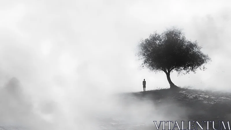 Silhouetted figure stands near solitary tree on foggy hillside