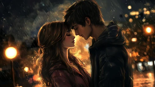 Rainy Evening Romance: Two Souls Beneath Glowing Streetlights