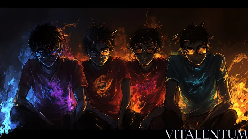 Four hooded youths sit amid elemental flames and shadows