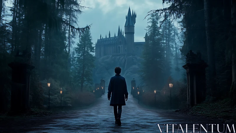 Midnight pilgrim walks toward mist veiled gothic castle.