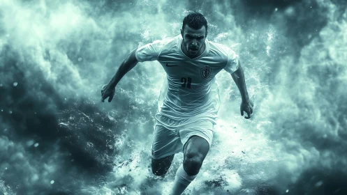 Dynamic soccer forward sprinting through teal particle storm.