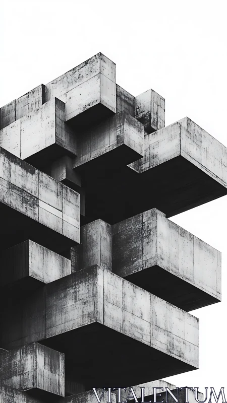 Brutalist concrete cantilevered blocks stacked in sharp relief