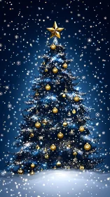 Starlit Christmas tree with golden ornaments in snowfall.