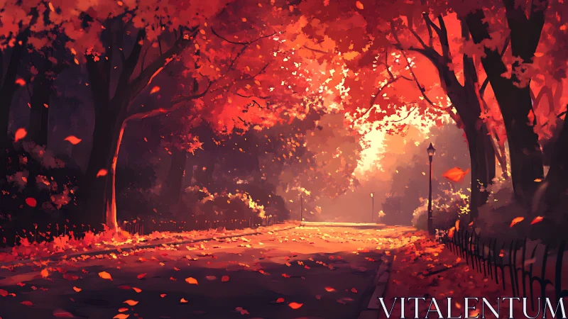 Tree-lined park pathway under red autumn foliage at dusk.