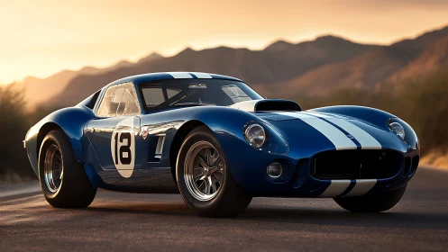 Sunset blue racer prowling desert asphalt in quiet triumph.