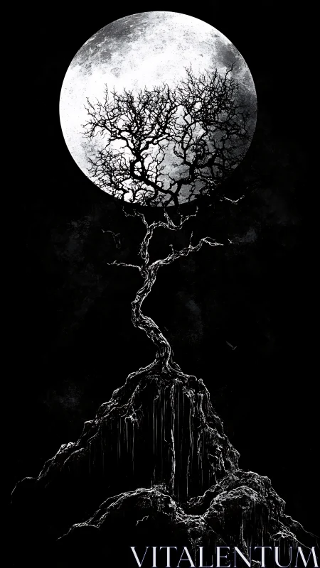 Moonlit skeletal tree reaches upward in quiet midnight silence
