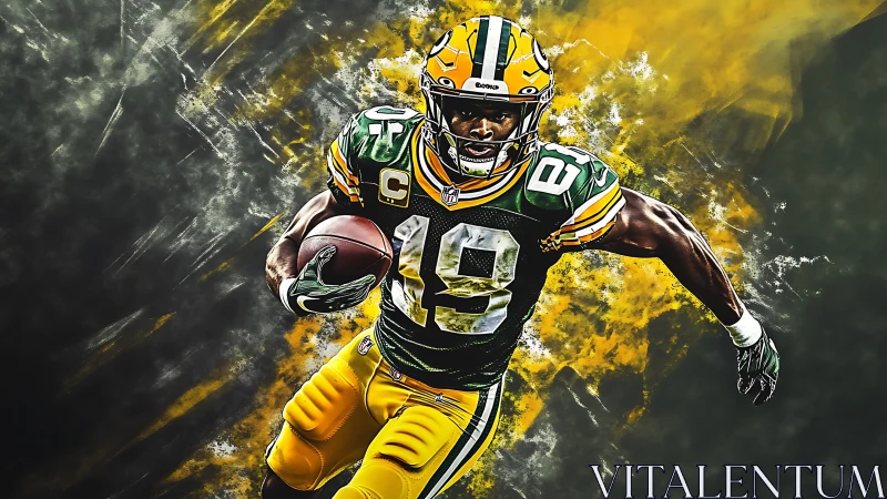 Dynamic football runner in explosive green and yellow burst.