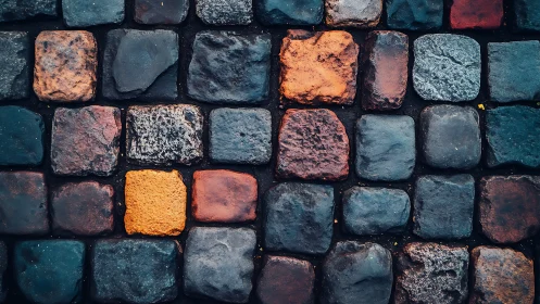 Multicolored cobblestone pavement with uniform grid layout.