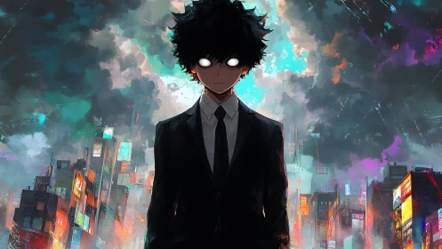 Nocturnal psi-emitter in neon-saturated storm skyline.