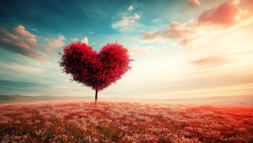 Heart-shaped tree rendered in field with warm gradient sky.