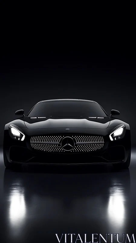 Frontally lit black sports coup&eacute; under high-contrast studio lighting