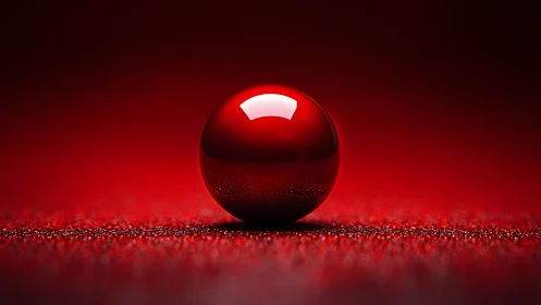 High-gloss red sphere on granular surface with soft bokeh field.