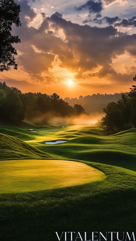 Sunrise light over contoured golf course fairways and greens.
