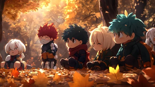 Chibi heroes rest under glowing autumn forest canopy.