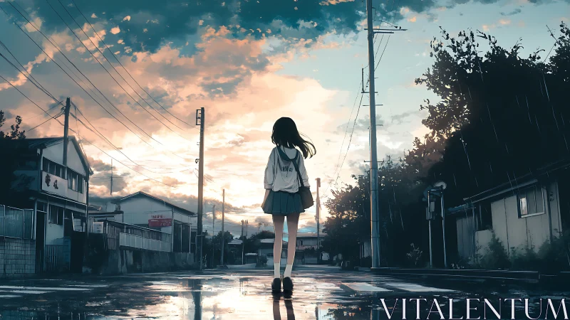 Backlit schoolgirl on wet suburban street under luminous sky
