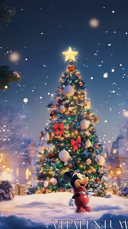 Cartoon mouse in snowy town square by lit Christmas tree.