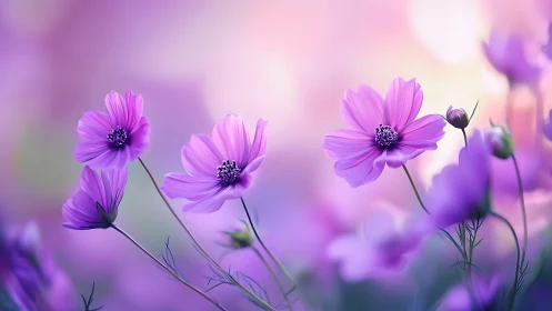 Vibrant purple cosmos flowers with selective focus and soft bokeh background.