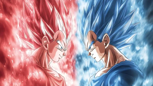 Dual energy warriors confront in mirrored red and blue auras