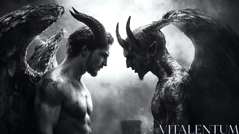 Monochrome horned angels in symmetrical confrontational composition.