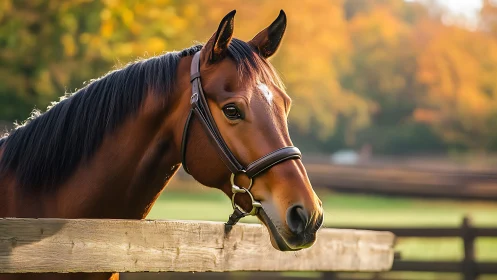 Bay horse head over wooden fence in soft evening light.