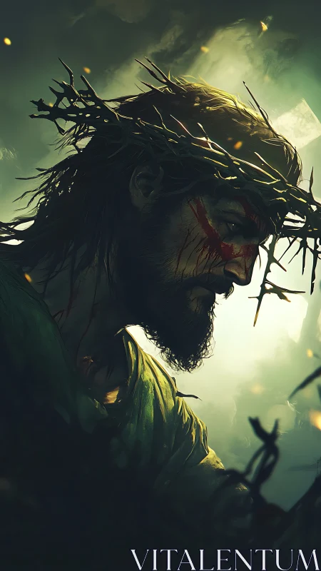 Dramatic side-profile of wounded man with thorn crown in haze