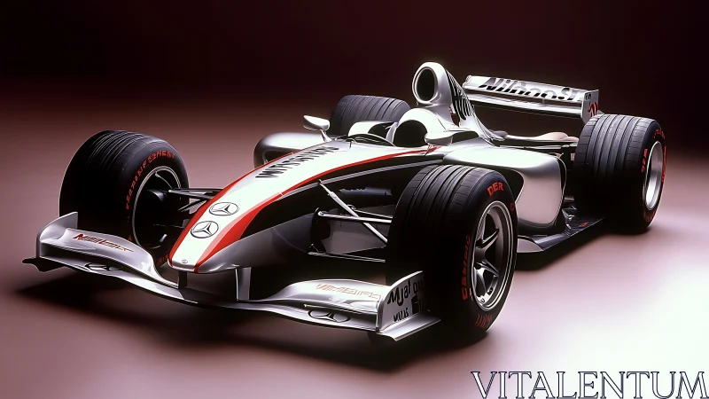Silver Formula racing car render on neutral studio floor.