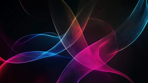 Interlaced multicolored light ribbons cross over dark field