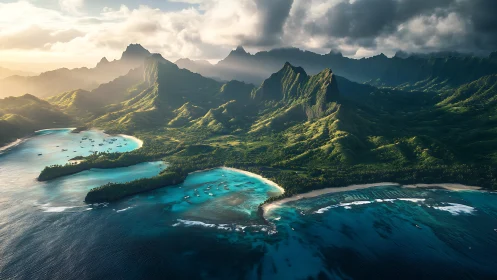 Aerial view of tropical island chain with lagoons and volcanic peaks