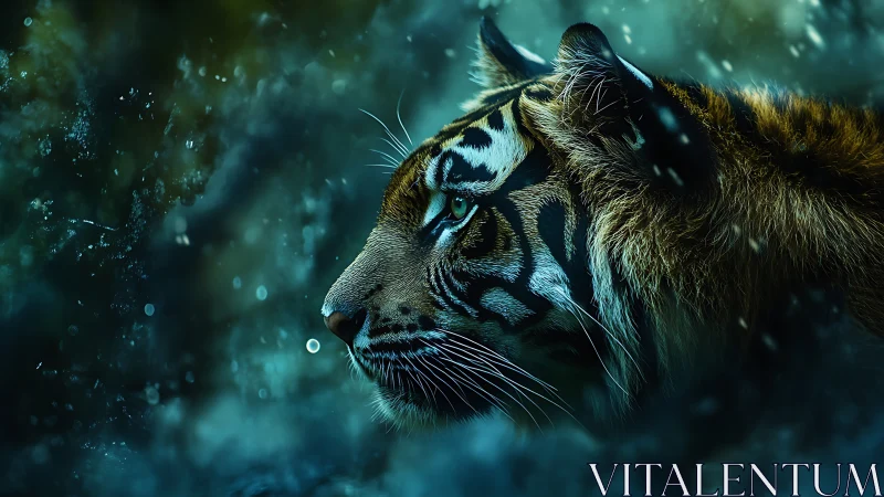 Moonlit ember tiger prowling through teal stormlight.