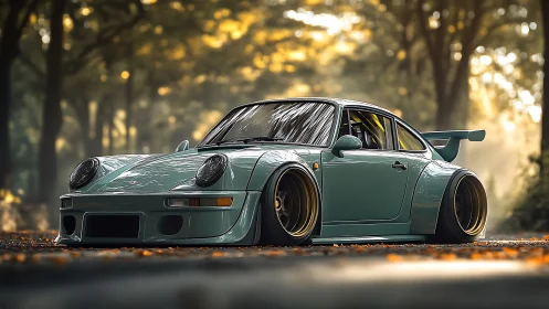 Modified teal sports coupe parked on forest road at dusk.