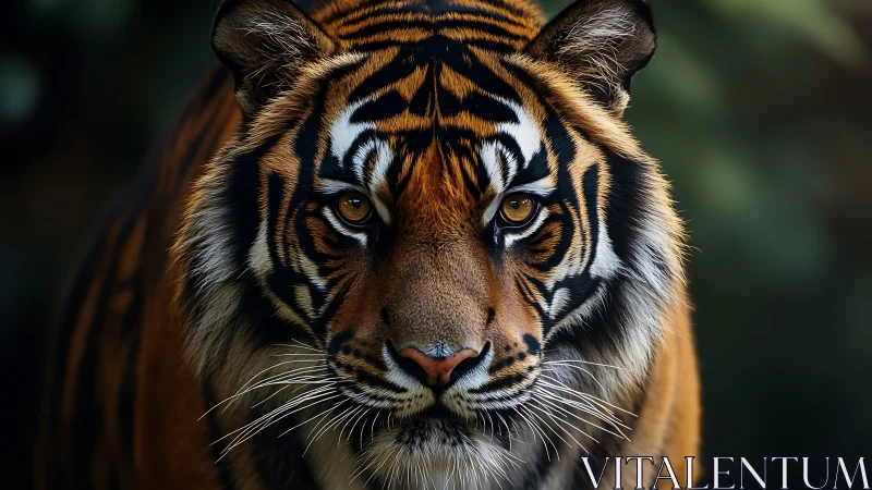 Close frontal view of tiger with detailed facial markings.