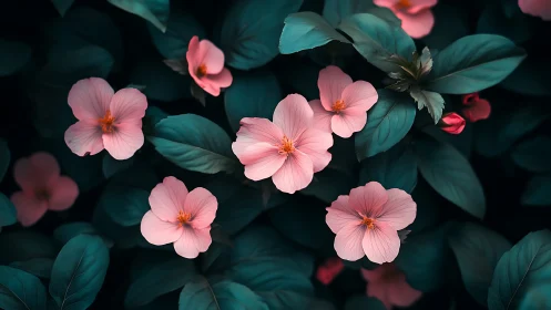 Soft pink blossoms resting gently on deep teal leaves.