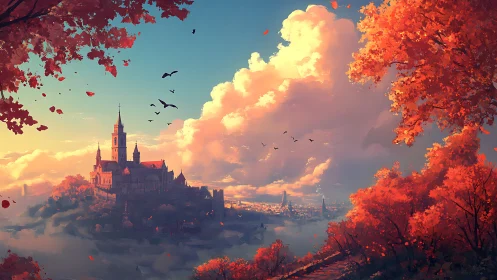 Autumn castle on misty hill beneath bright sunset clouds.