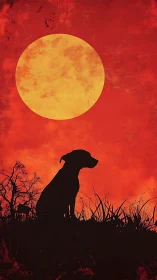 Dog silhouette under large yellow moon on red sky.