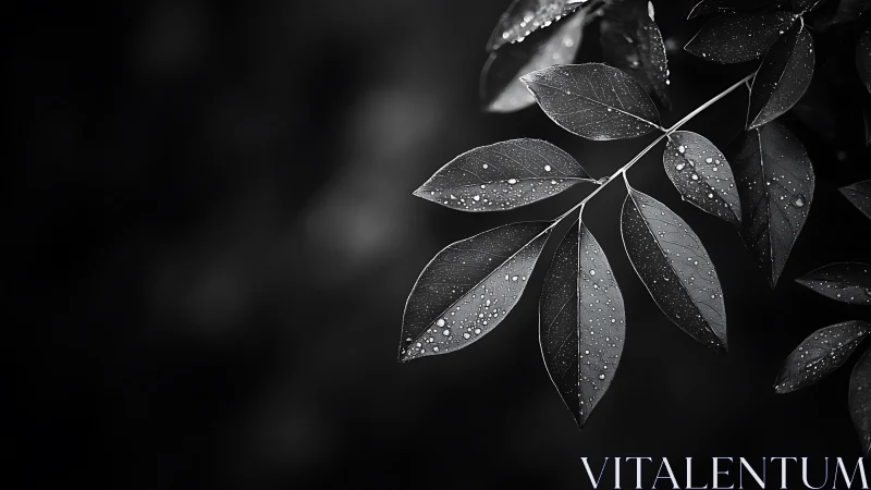 Monochrome photograph records wet compound leaves after rainfall