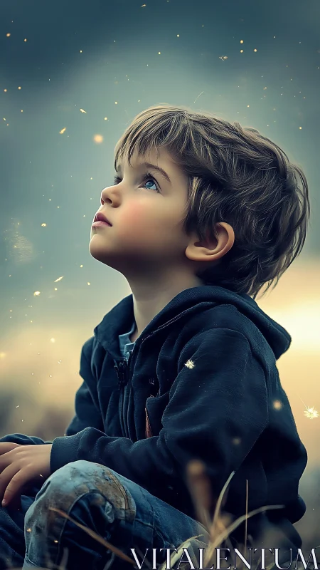 Child of starlit daydreams gazing into a glowing sky.