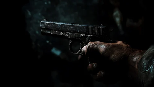 Close-up of a worn handgun held in a rough human hand.