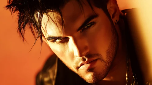 Smoldering gaze in molten gold light and bold shadow play.