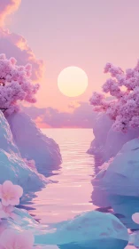 Pastel sunset seascape with cherry blossoms and rocks.