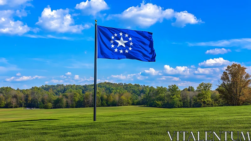 Blue flag with central star circle flies over open grassy field