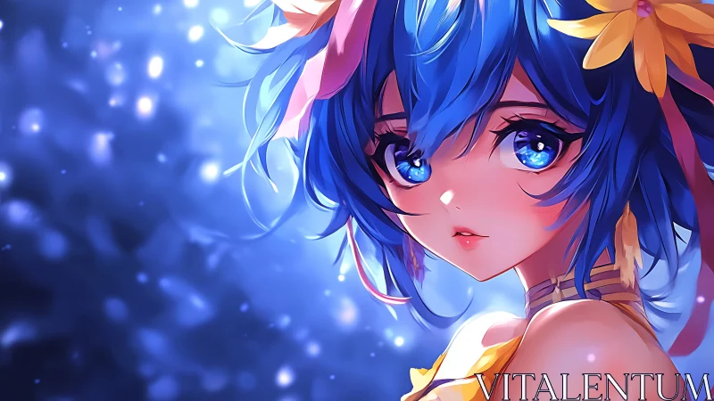 Blue haired anime girl with glowing eyes at night.