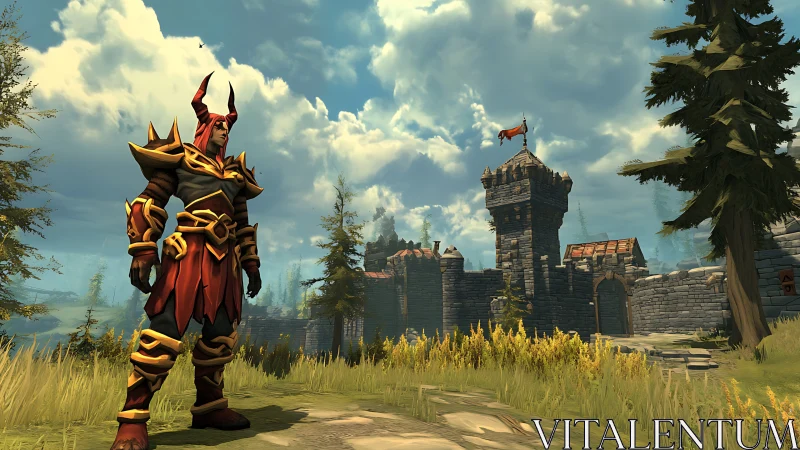 Armored demon warrior surveys fortified stone castle grounds