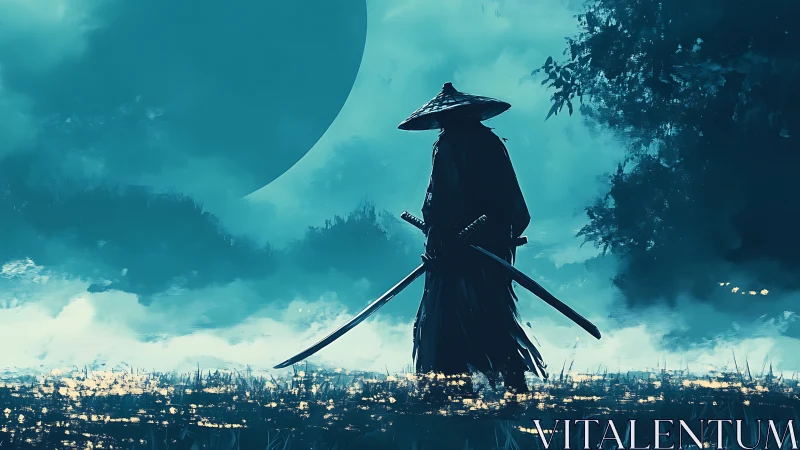 Lone wandering samurai pauses beneath a vast moonlit sky