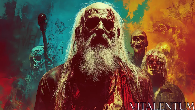 Blood-soaked elder cult leader framed by spectral skull silhouettes