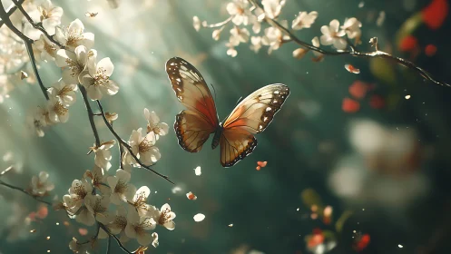 Butterfly drifting through glowing blossom branches in spring.