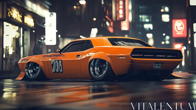 Lowered orange muscle car prowls wet neon city street
