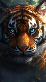 Tiger face rendered with sharp detail and intense blue eyes